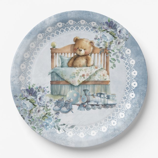 Teddy Bär und duckige blaue Blumen Junge Dusche Pappteller (Vorderseite)