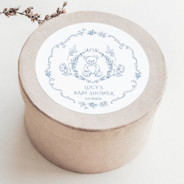 Teddy Bär Vintagen Blumenrahmen Kinderdusche Runder Aufkleber (Von Creator hochgeladen)