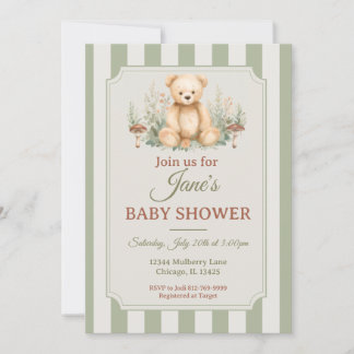 Teddy Bär Wald Babyparty-Einladung Salbeigrün Einladung
