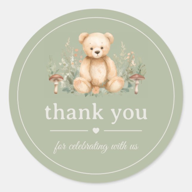 Teddy Bär Wald Dusche Sagegrün Danke Runder Aufkleber (Vorderseite)