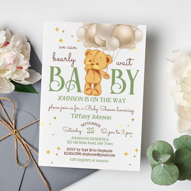 Teddy Bär warten grünbraune Babydusche Einladung (Teddy bear bearly wait baby shower template invitation cute teddy bear with balloons sage green brow)
