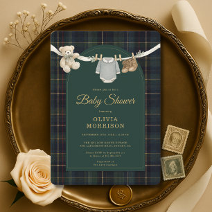 Teddy-Bär-Wäscheleine Tartan Grün Babyparty Einladung