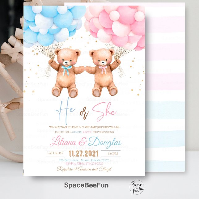 Teddy Bären Baby Dusche Er oder sie Gender Reveal Einladung (Teddy Bear invitation,Baby Shower bear,He or She invites,Gender Reveal bear,Baby Shower invite,Invit)