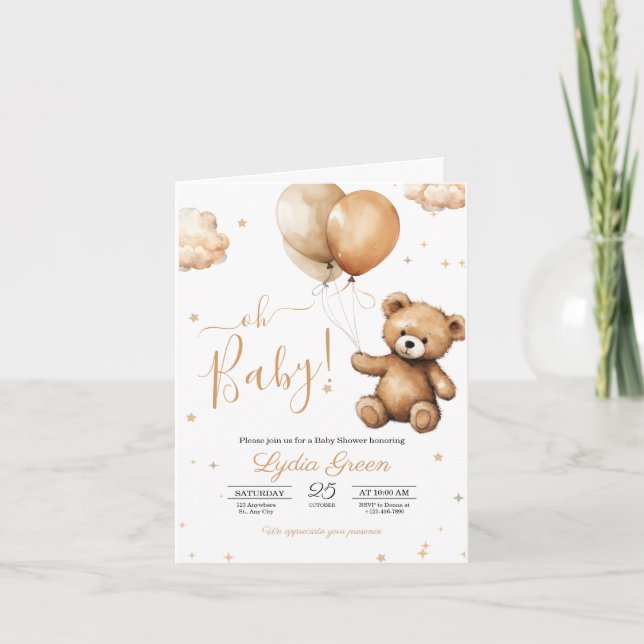 Teddy Bären Balloons Babydusche Geschlecht neutral Einladung (Vorderseite)