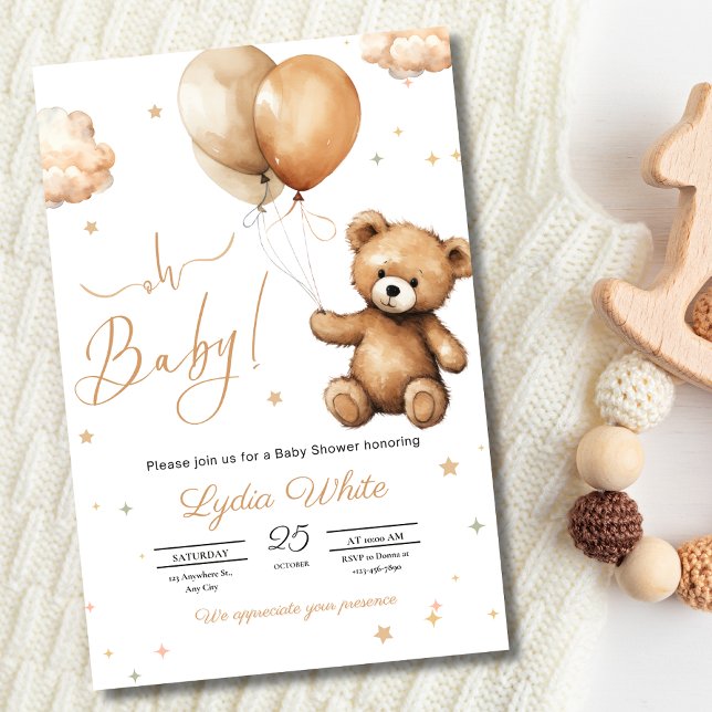 Teddy Bären Balloons Babydusche Geschlecht neutral Einladung (Von Creator hochgeladen)