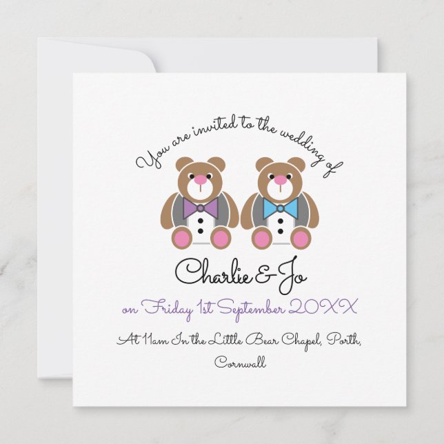 Teddy Bären Gay Hochzeit zwei Bräutigam Einladung (Rückseite)