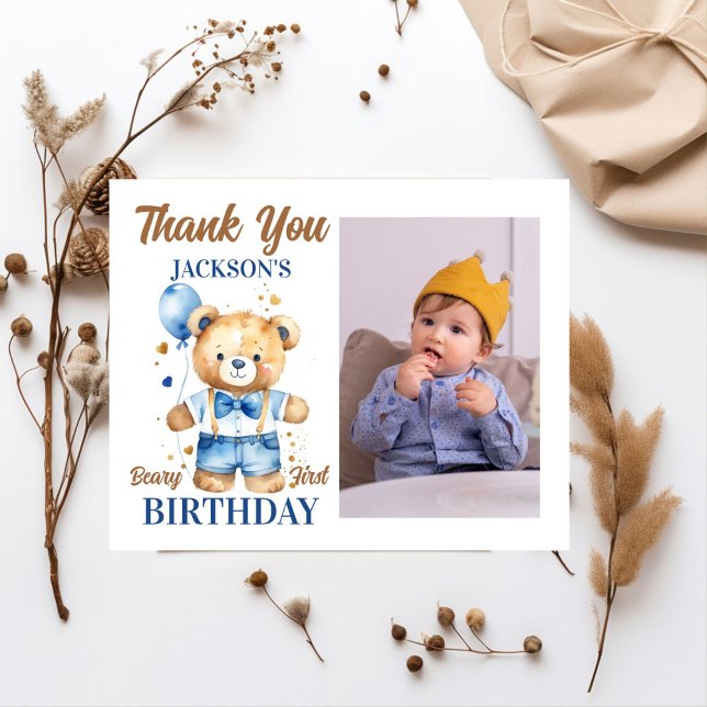 Teddy Bären Geburtstag danke Fotokarte (Beary first teddy bear themed birthday photo thank you card watercolor cute teddy bear with balloon)