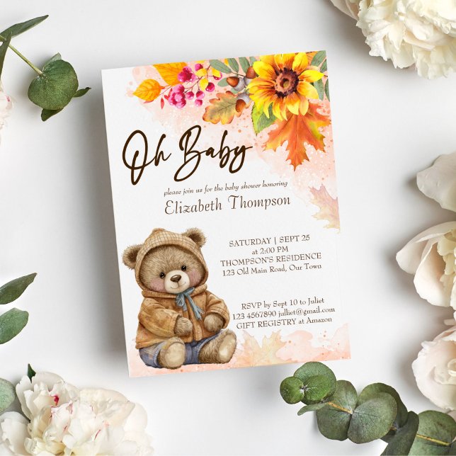 Teddy Bären Herbst Blätterdusche Baby Einladung (Cute teddy bear fall baby shower invitation template instant download oh baby invite autumn foliage)