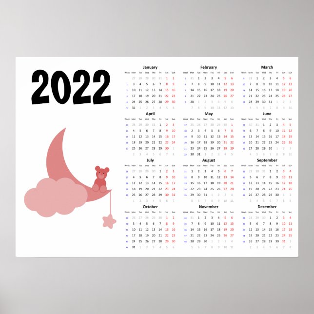 Teddy Bären Kalender 2022 Poster - Montag Start (Vorne)