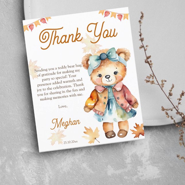Teddy Bären Mädchen fallen Geburtstagsparty danke  (Cute Teddy bear girls birthday party thank you cards cute teddy dressed in a dress and hair bow)