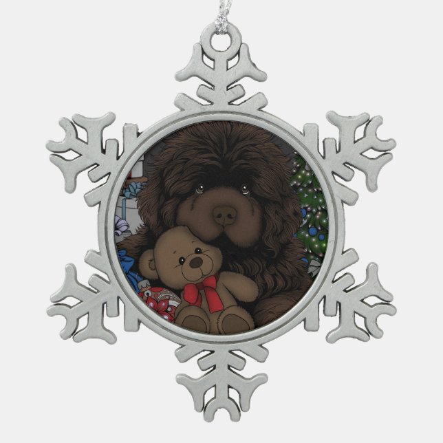 Teddy Bären Newfundland Welpenhund Schneeflocken Zinn-Ornament (Vorderseite)