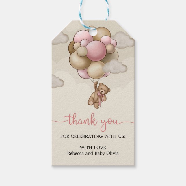 Teddy Bären rosa-braune beige Ballons danke Geschenkanhänger (Vorderseite)