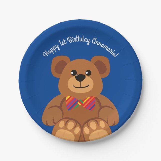 Teddy-Bärn-Regenbogen-niedliches 1. Pappteller (Vorderseite)