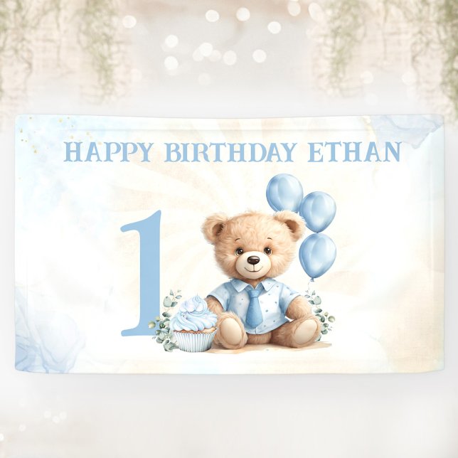 Teddy Bear 1. Geburtstag Blue Balloons Banner (Teddy Bear 1st Birthday Blue Balloons Banner)