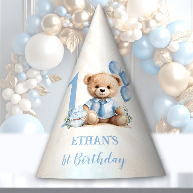 Teddy Bear 1. Geburtstag Blue Balloons Papier Partyhütchen (Teddy Bear 1st Birthday Blue Balloons Paper Party Hat)