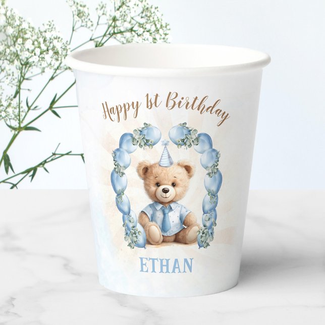 Teddy Bear 1. Geburtstag Boy Blue Balloons Pappbecher (Teddy Bear 1st Birthday Boy Blue Balloons Paper Cups)