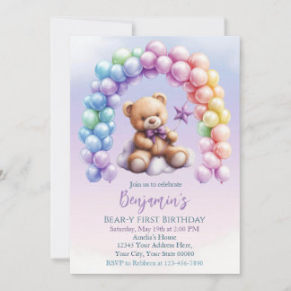 Teddy Bear 1. Geburtstag farbenfrohe Balloons Einladung