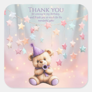 Teddy Bear 1. Geburtstag farbenfrohe Balloons Quadratischer Aufkleber