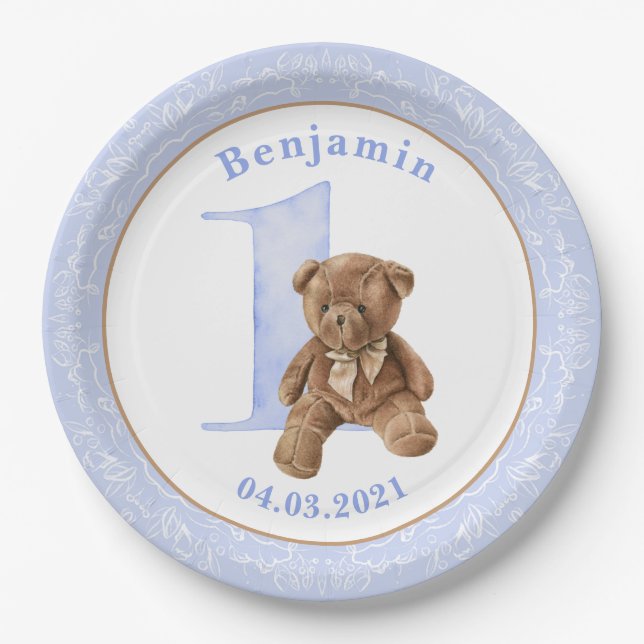 Teddy Bear 1. Geburtstag Papierplatte Pappteller (Vorderseite)