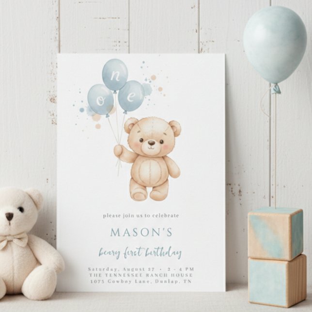 Teddy Bear 1st Birthday Blue Watercolor Einladung (Von Creator hochgeladen)