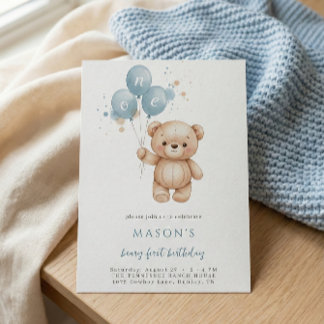 Teddy Bear 1st Birthday Blue Watercolor Einladung