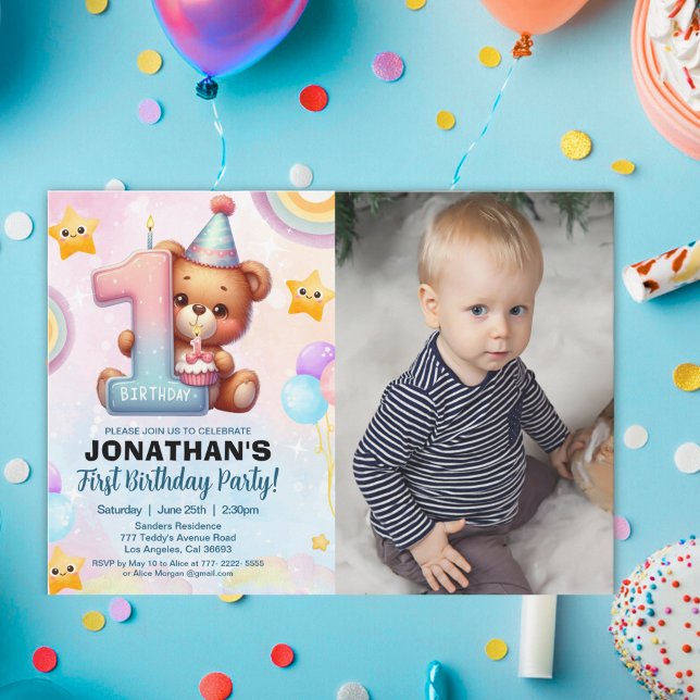 Teddy Bear 1st Birthday Photo Personalized Baby  Einladung (Von Creator hochgeladen)