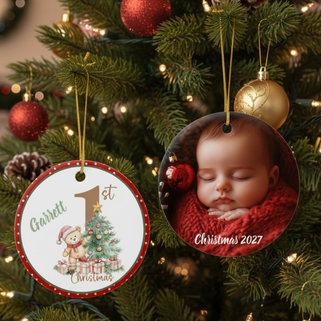 Teddy Bear 1st Christmas Photo Keramik Ornament (Baby's first Christmas photo ornament)