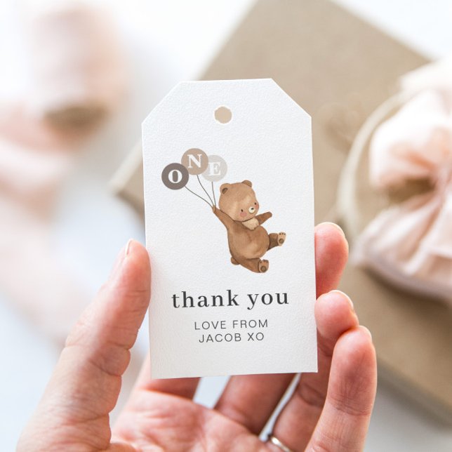 Teddy Bear 3 Brown Balloons - Vielen Dank Geschenkanhänger (Zazzle Teddy Bear 3 Brown Balloons - 1st BIrthday Gift Tag)