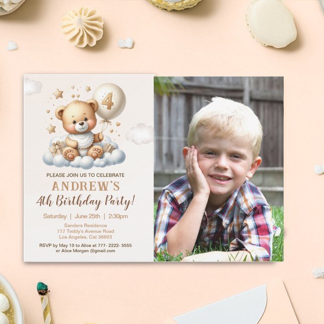 Teddy Bear 4th Birthday Photo Invitation for Boys Einladung (Von Creator hochgeladen)