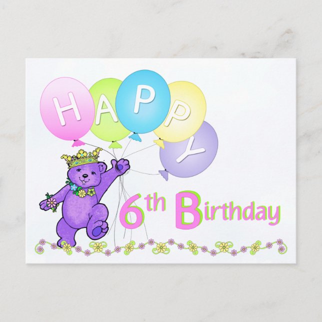 Teddy Bear 6. Geburtstag Postkarte (Vorderseite)