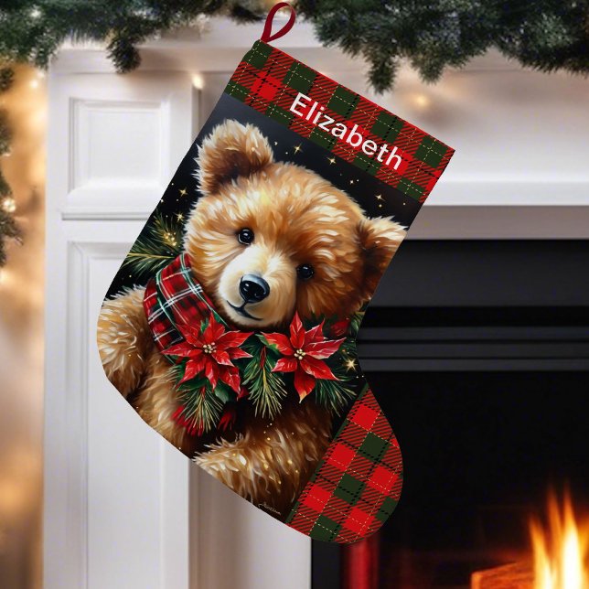Teddy Bear Add Name Christmas Red Green Großer Weihnachtsstrumpf (Von Creator hochgeladen)