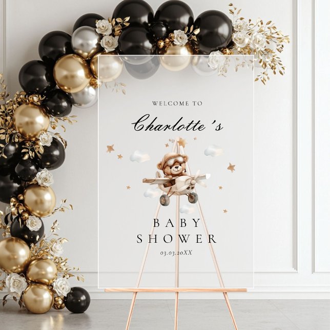 Teddy Bear & Airplane Begrüßungsdusche Acrylschild (Teddy Bear & Airplane Welcome Baby Shower Acrylic Sign)