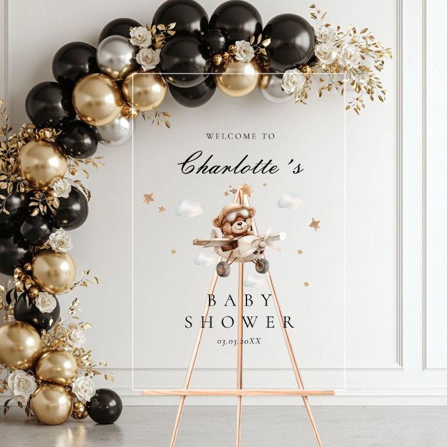 Teddy Bear & Airplane Begrüßungsdusche Acrylschild (Teddy Bear & Airplane Welcome Baby Shower Acrylic Sign)