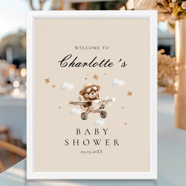 Teddy Bear & Airplane Begrüßungsdusche Poster (Personalized Teddy Bear & Airplane Welcome Baby Shower Poster)