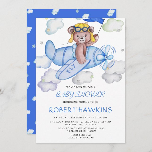 Teddy Bear Airplane EDITABLE Baby Dusche Einladung (Vorne/Hinten)
