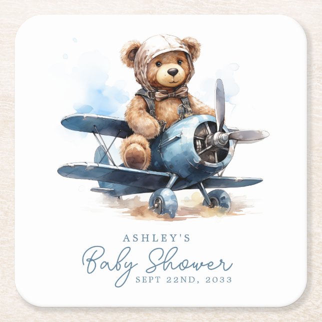 Teddy Bear Airplane Watercolor Boy Baby Shooter Rechteckiger Pappuntersetzer (Vorderseite)