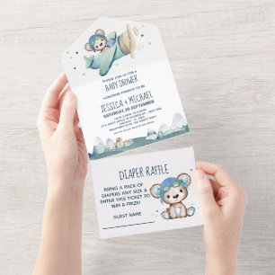 Teddy Bear Airplane Windeln Raffle und Babydusche All In One Einladung