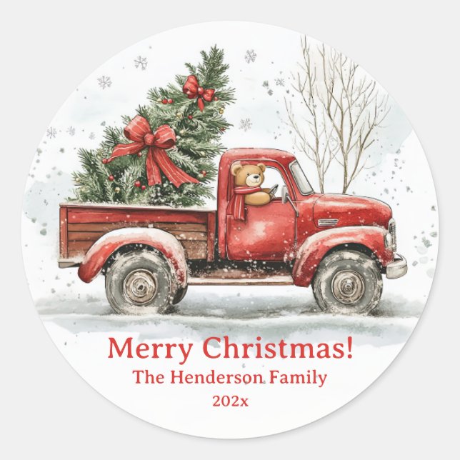 Teddy Bear Alter roter LKW Weihnachten Runder Aufkleber (Vorderseite)