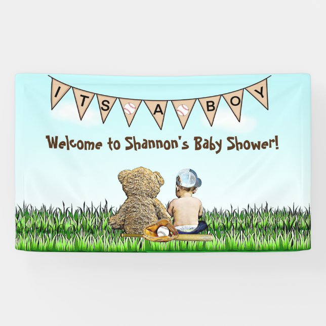 Teddy Bear and Baby Baseball Boy's Baby Shower Banner (Horizontal)