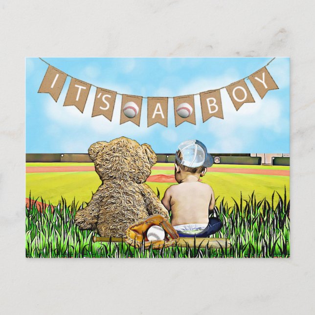 Teddy Bear and Baby Baseball Boy's Baby Shower Postkarte (Vorderseite)