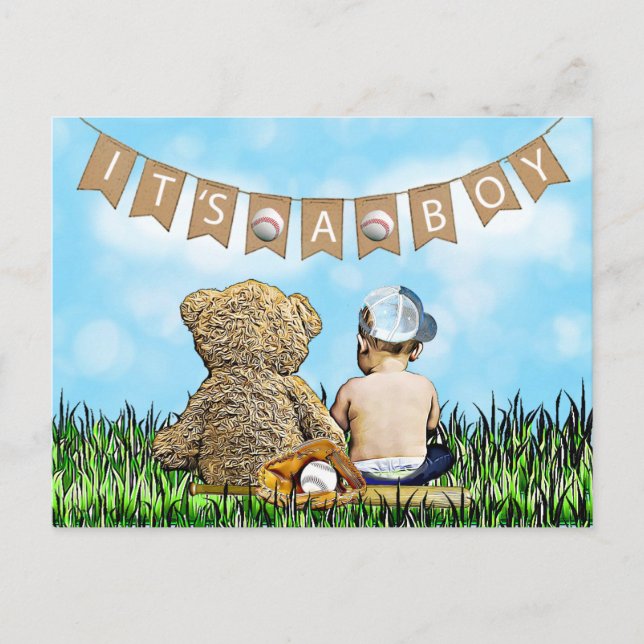 Teddy Bear and Baby Baseball Boy's Baby Shower Postkarte (Vorderseite)