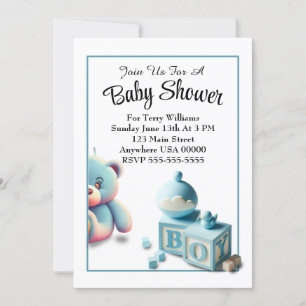 Teddy Bear and Baby Blocks Boy Baby Shooter Einladung