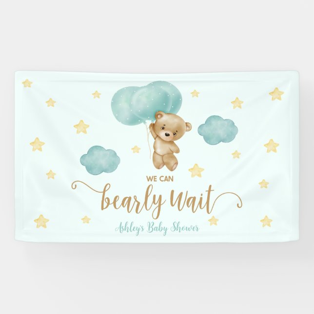 Teddy Bear and Blue Balloons Baby Dusche Party Banner (Horizontal)