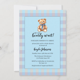 Teddy Bear and Blue Gingham Plaid Baby Shower Einladung