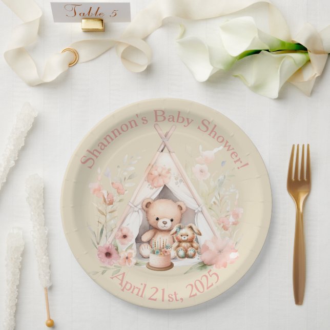 Teddy Bear and Bunny in Teepee Tent Baby Dusche Pappteller (Hochzeit)