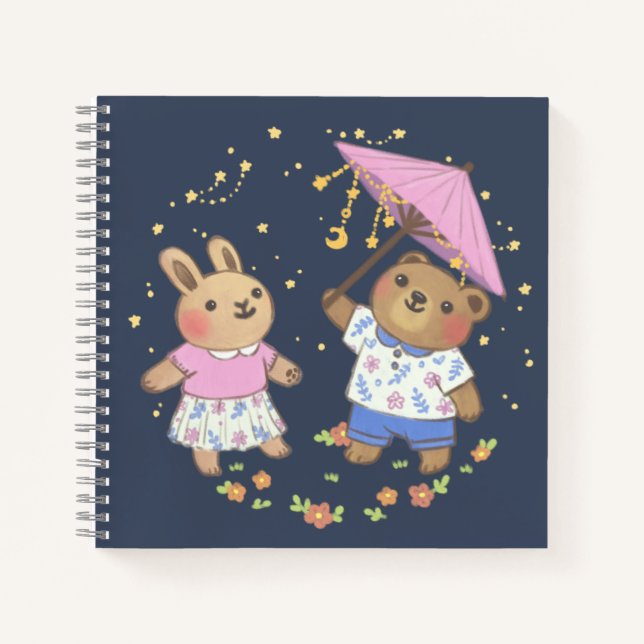 Teddy Bear and Bunny under the Stars Illustration Notizbuch (Vorderseite)