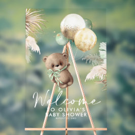 Teddy Bear and Green Balloons Baby Dusche Willkomm Acrylschild