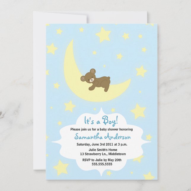 Teddy Bear and Moon Baby Showe Invite - Junge Einladung (Vorderseite)