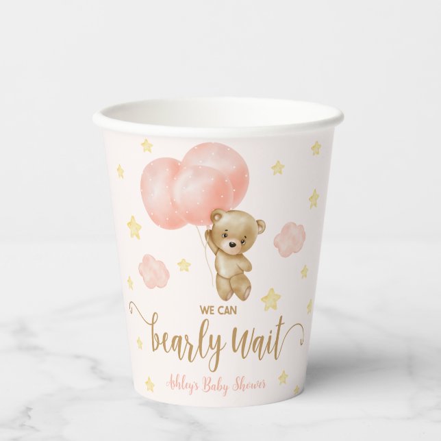 Teddy Bear and Pink Balloons Babydusche Pappbecher (Vorderseite)