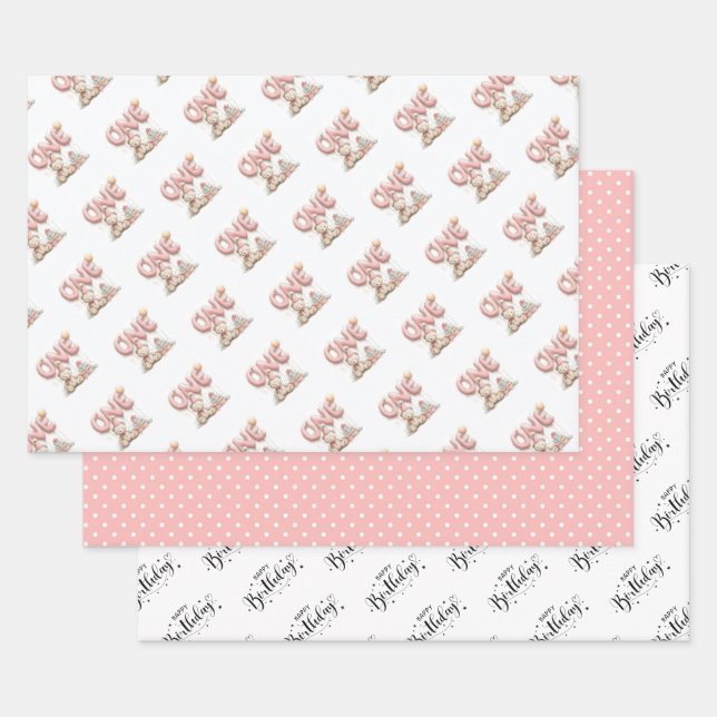 Teddy Bear and Polka Dot Happy Birthday  Geschenkpapier Set (Set)